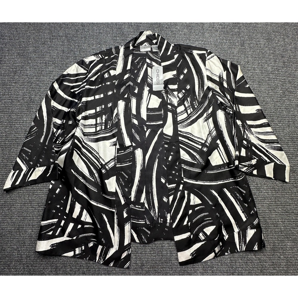 Chicos Jacket Womens 3 Black White Aralyn Brushstroke‎ Zebra Silk Kimono New